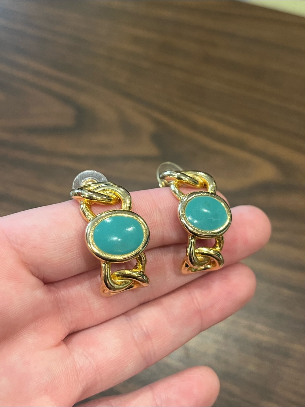 Vintage Gold tone Half Hoops with Chain Design and Blue Enamel